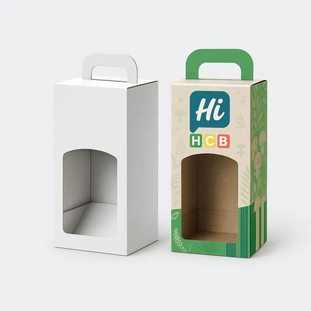 Two tall boxes with carry handles and windows- one white and one with green patterns- class=